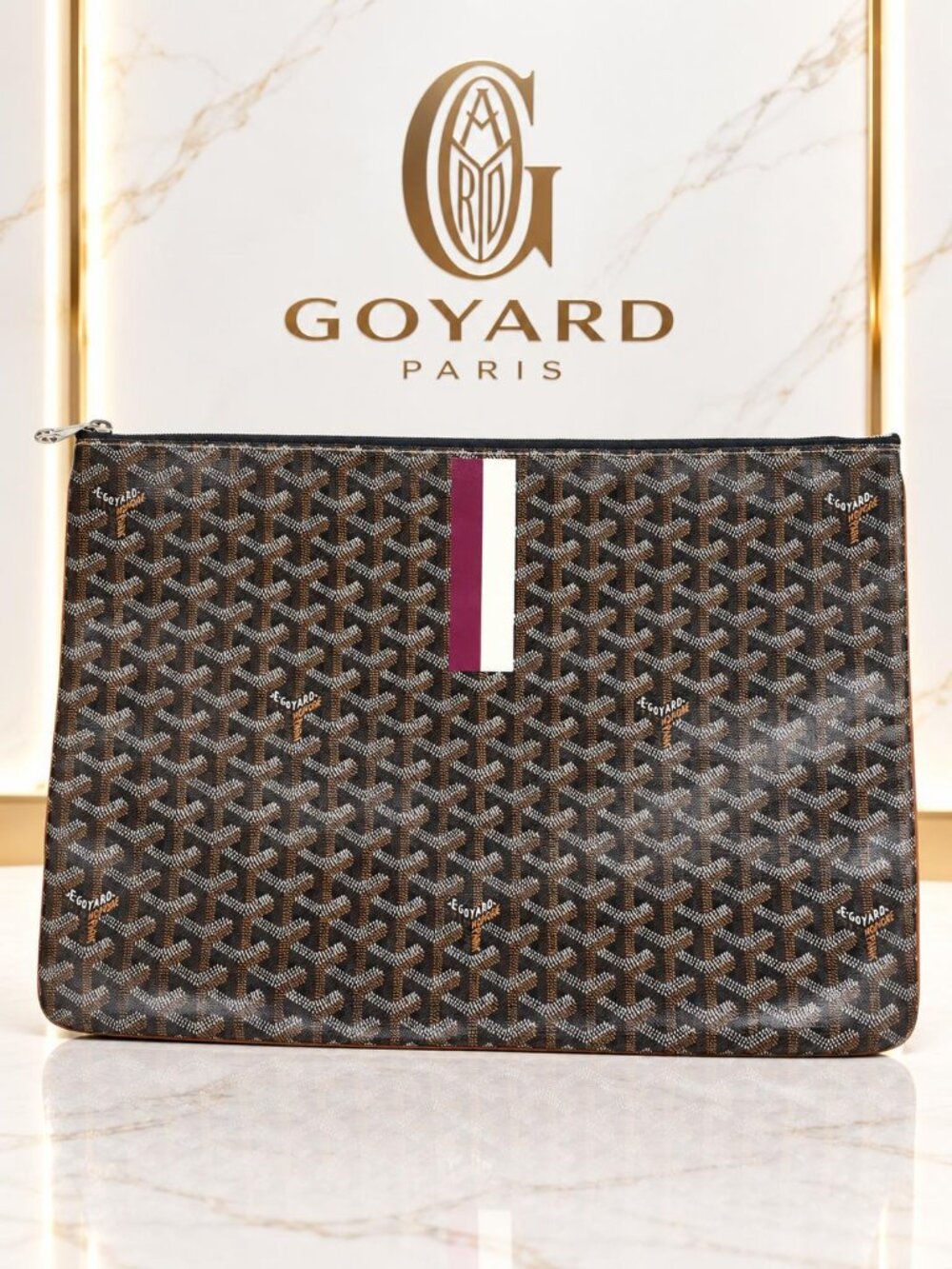 Authentic Goyard Senat GM Black Brown Goyardine Zip Document Pouch Clutch